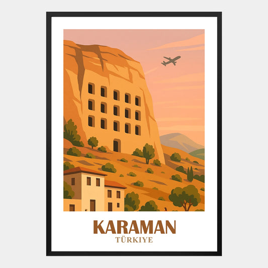 Karaman Poster im Retro-Stil mit historischer Architektur und Naturkulisse – dekoratives Städteposter mit traditionellem Charme