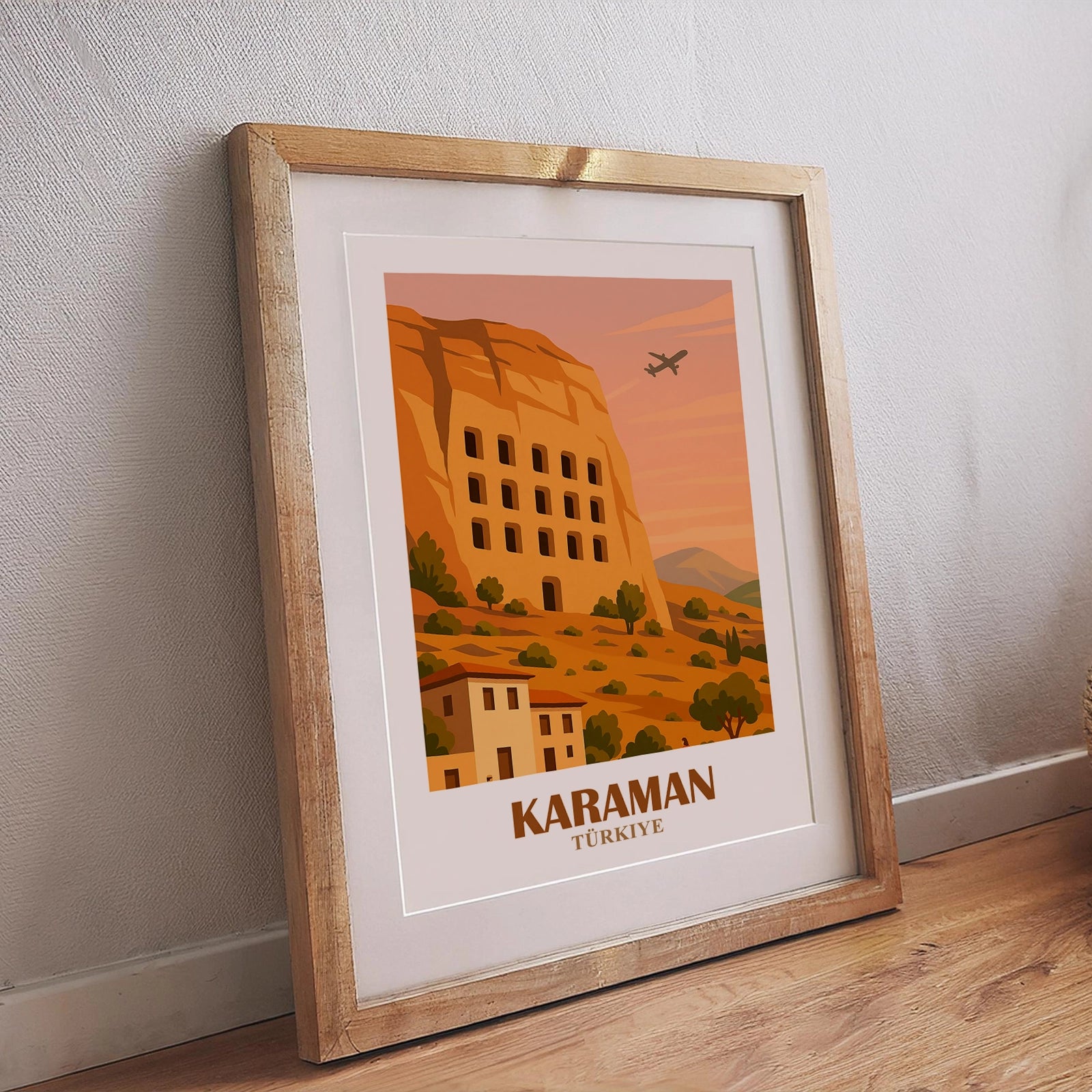 Karaman Poster im Retro-Stil mit landschaftlicher Kulisse und historischer Stadtarchitektur – türkisches Designposter für stilvolle Raumgestaltung