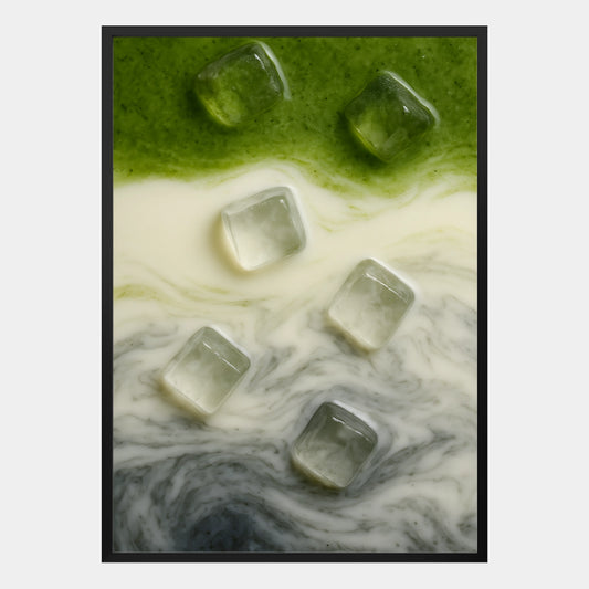 Modernes Food-Poster mit Matcha, Milch und schwarzem Sesam in grün-weiß-grauem Farbverlauf, abstrakte Illustration mit Eiswürfeln – dekoratives Wandbild im minimalistischen Stil.