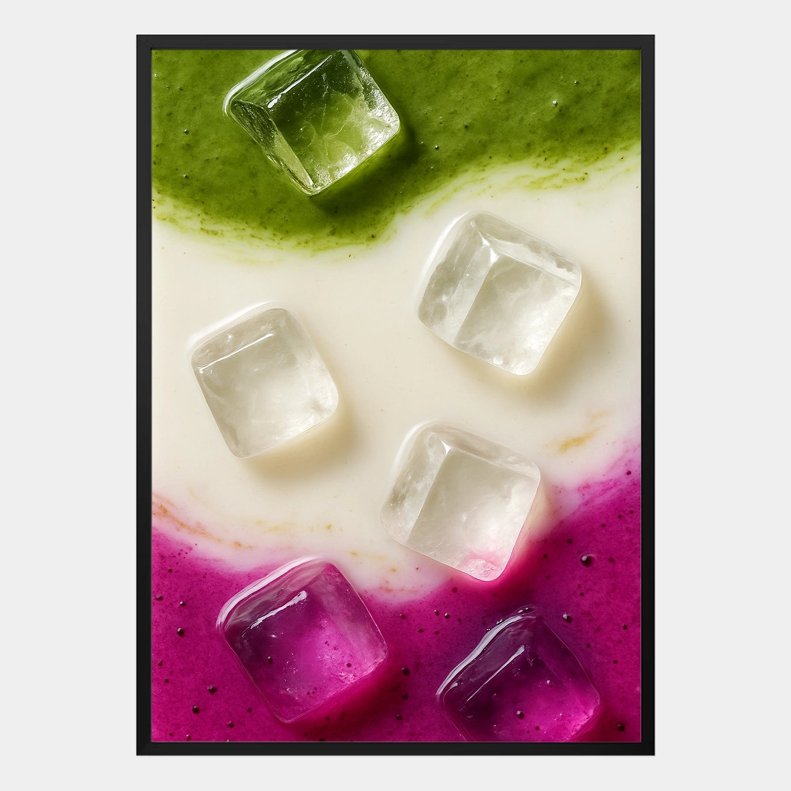Modernes Dragonfruit Matcha Poster mit Milch und Eiswürfeln in grün-weiß-pinkem Farbverlauf, abstrakte Food Illustration – dekoratives Wandbild im minimalistischen Stil