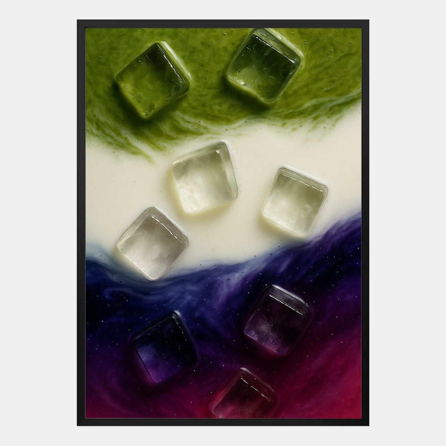 Modernes Galaxy Matcha Poster mit Milch und Eiswürfeln in grün-weiß-violettem Farbverlauf, abstrakte Food Illustration – dekoratives Wandbild im minimalistischen Stil.
