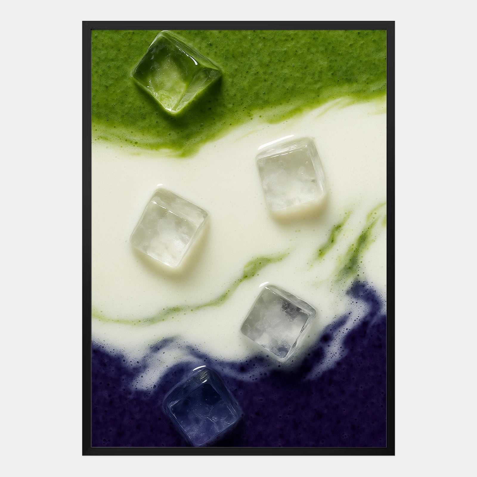 Modernes Grape Matcha Poster mit Milch und Eiswürfeln in grün-weiß-lila Farbverlauf, abstrakte Food Illustration – dekoratives Wandbild im minimalistischen Stil.