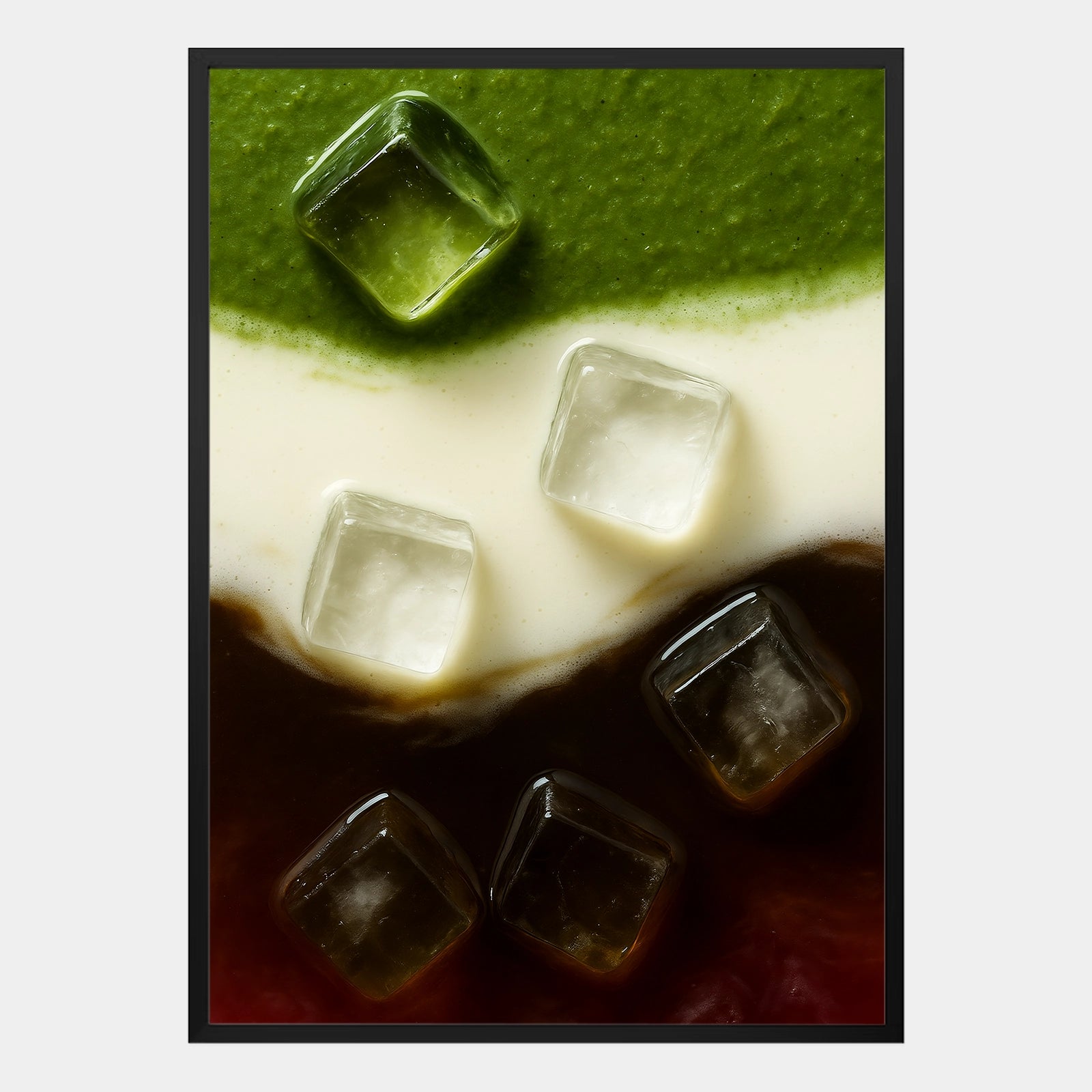 Modernes Food-Poster mit Matcha, Milch und Eiskaffee in grün-weiß-braunem Farbverlauf, abstrakte Illustration mit Eiswürfeln – dekoratives Wandbild im minimalistischen Stil.