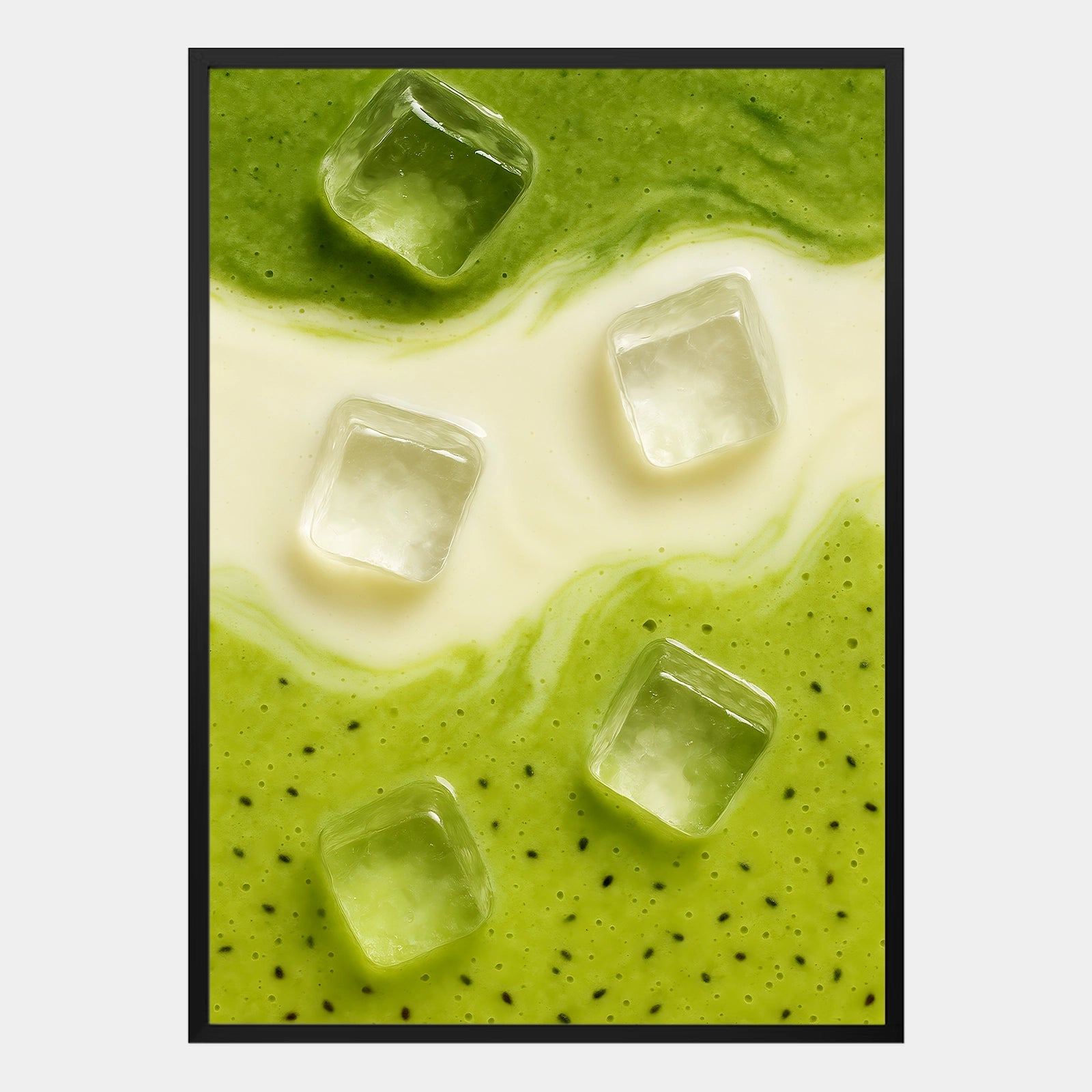 Modernes Food-Poster mit Matcha, Milch und Kiwi in grün-weißem Farbverlauf, abstrakte Illustration mit Eiswürfeln – dekoratives Wandbild im minimalistischen Stil.