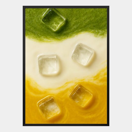 Modernes Food-Poster mit Matcha, Milch und Mango in grün-weiß-gelbem Farbverlauf, abstrakte Illustration mit Eiswürfeln – dekoratives Wandbild im minimalistischen Stil.