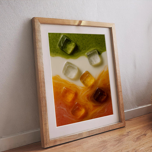 Modernes Tropical Matcha Poster mit Milch und Eiswürfeln in grün-weiß-orange-rotem Farbverlauf, eingerahmtes Wandbild im Holzrahmen – abstraktes Food Poster für Küche und Esszimmer.