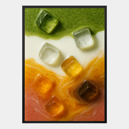 Modernes Tropical Matcha Poster mit Milch und Eiswürfeln in grün-weiß-orange-rotem Farbverlauf, abstrakte Food Illustration – dekoratives Wandbild im minimalistischen Stil.