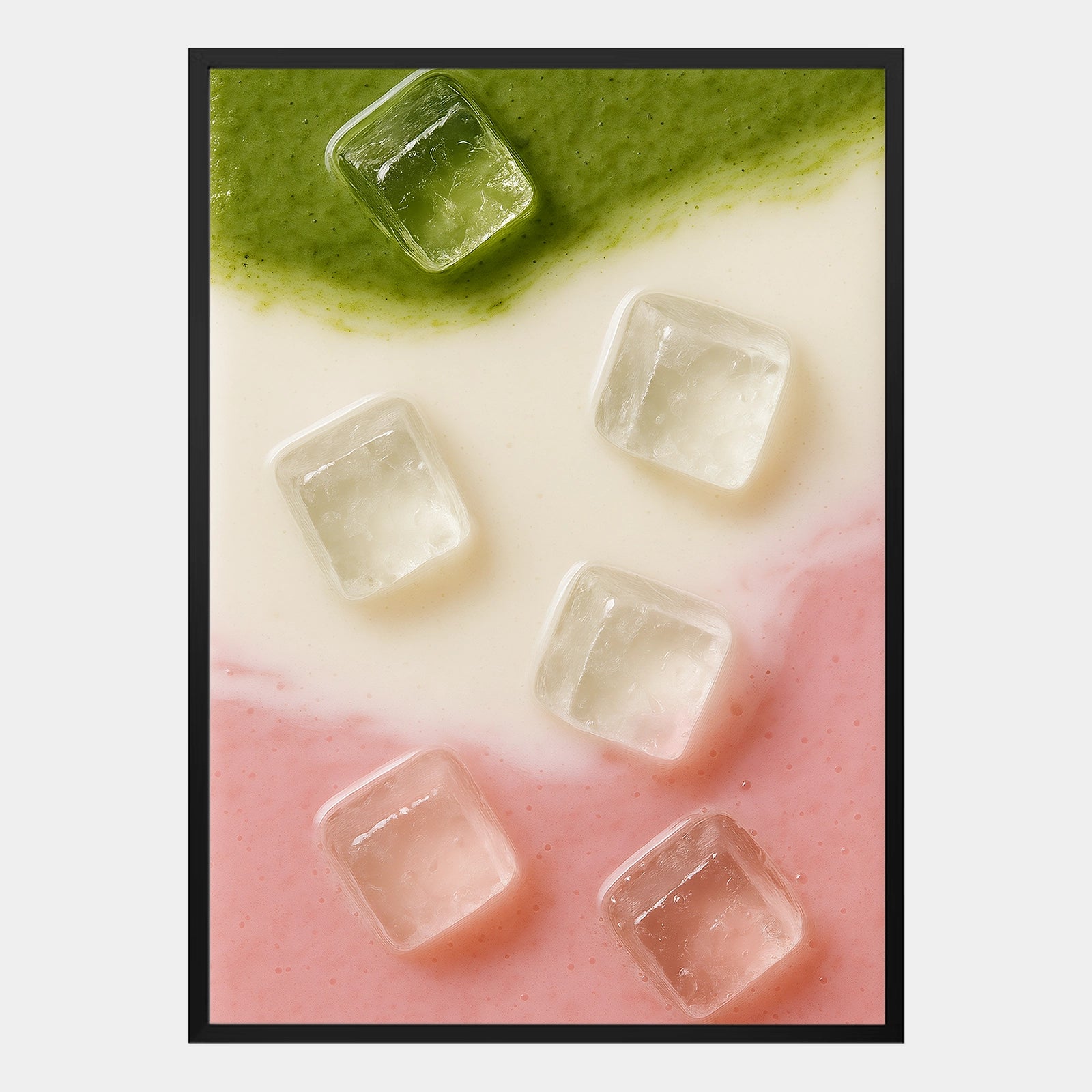 Modernes Matcha Rose Poster mit Milch und Eiswürfeln in grün-weiß-rosafarbenem Farbverlauf, abstrakte Food Illustration – dekoratives Wandbild im minimalistischen Stil.