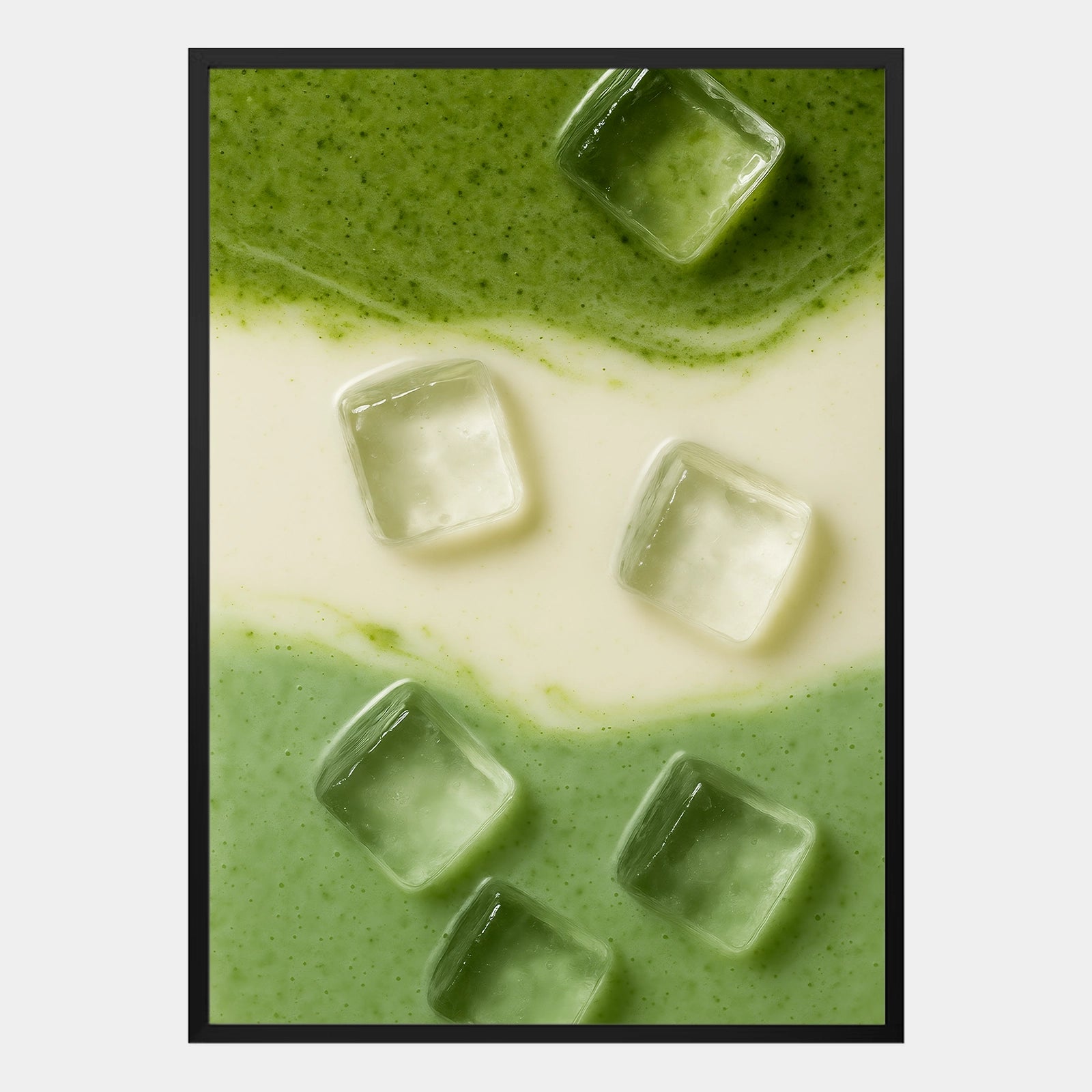 Modernes Mint Matcha Poster mit Milch und Eiswürfeln in grün-weiß-mintfarbenem Farbverlauf, abstrakte Food Illustration – dekoratives Wandbild im minimalistischen Stil.