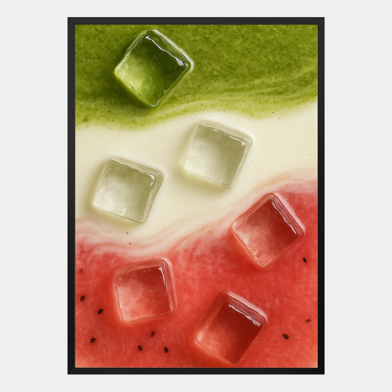 Modernes Watermelon Matcha Poster mit Milch und Eiswürfeln in grün-weiß-rotem Farbverlauf, abstrakte Food Illustration – dekoratives Wandbild im minimalistischen Stil.