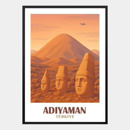 Adiyaman Poster – Illustration im Retro-Stil mit Bergen und Stadtelementen in Beigetönen