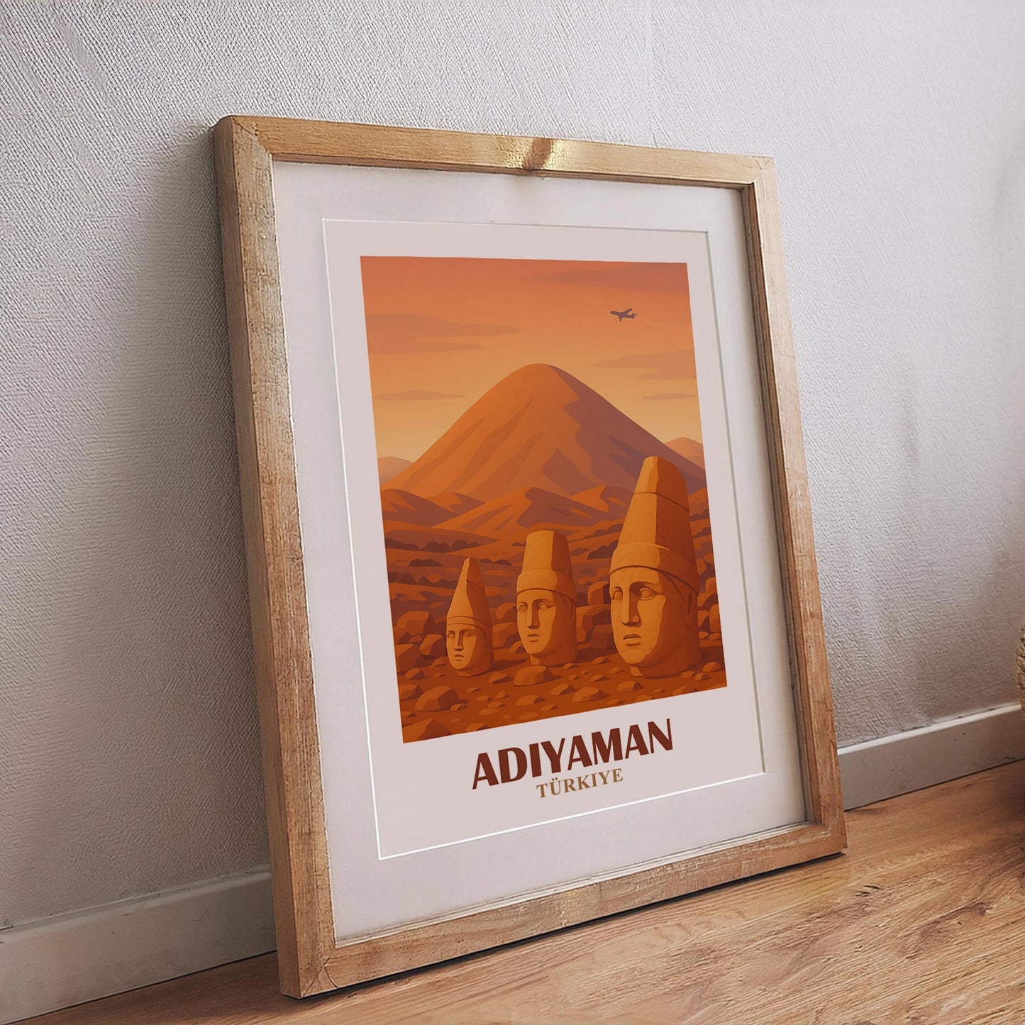 Adiyaman Poster – Retrodesign mit beruhigender Landschaft und architektonischen Details in Beigetönen