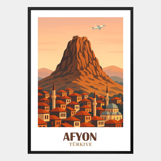 Afyonkarahisar Poster – Stadtillustration mit Burg und Natur im Retro-Stil