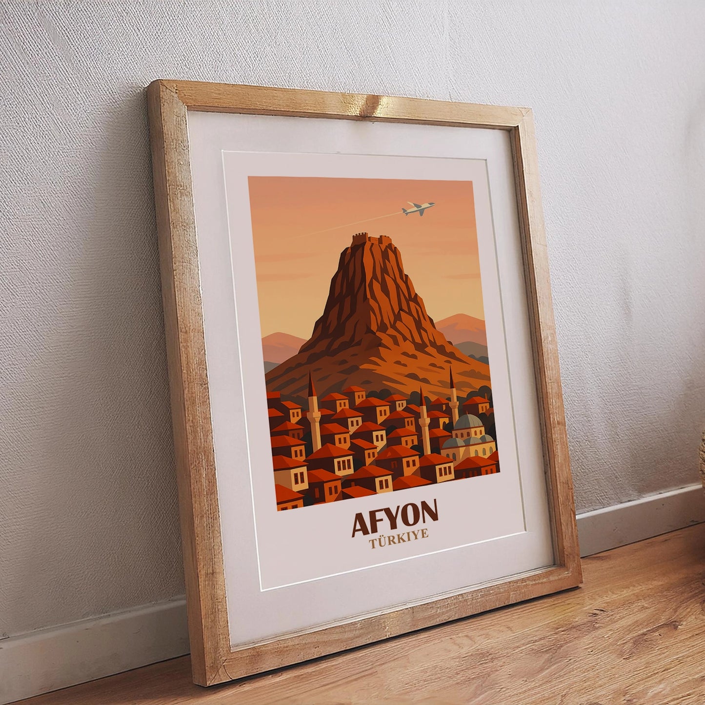 Afyonkarahisar Poster – Retro Stadtmotiv mit Burg und harmonischen Naturfarben im minimalistischen Stil