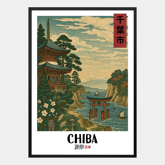 Chiba Poster – Japanische Architektur als minimalistische Illustration im Ukiyo-e Stil