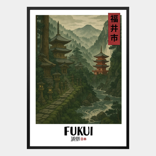 Fukui Poster – Traditionelle japanische Ukiyo-e Illustration mit Natur und Architektur