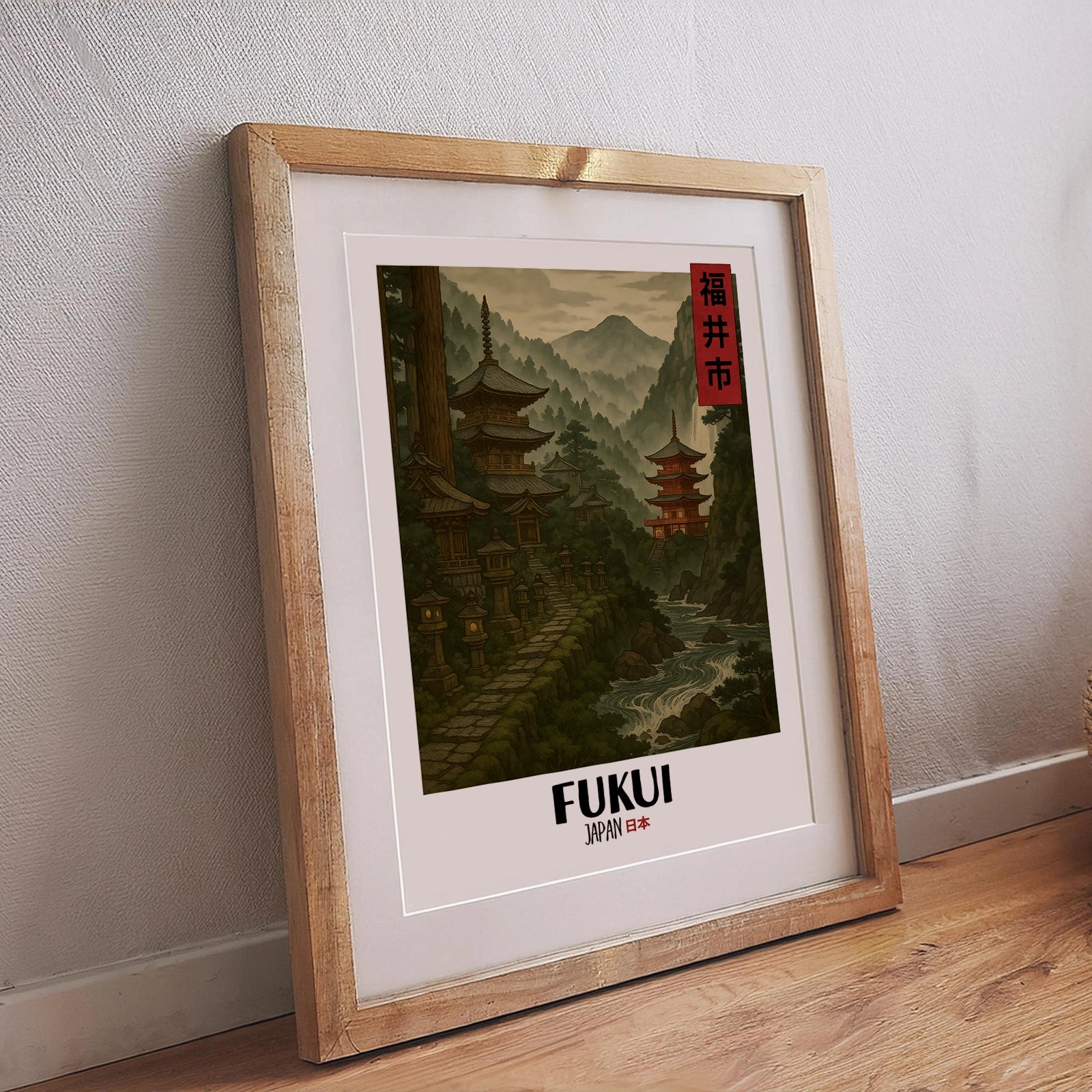 Fukui Poster – Japanisches Wandbild im Ukiyo-e Stil mit Natur und Architektur