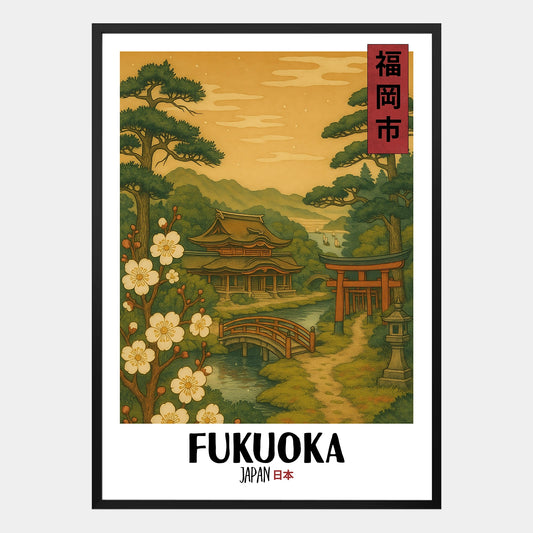 Fukuoka Poster – Japanisches Ukiyo-e Design mit Stadtlandschaft und feinen Details