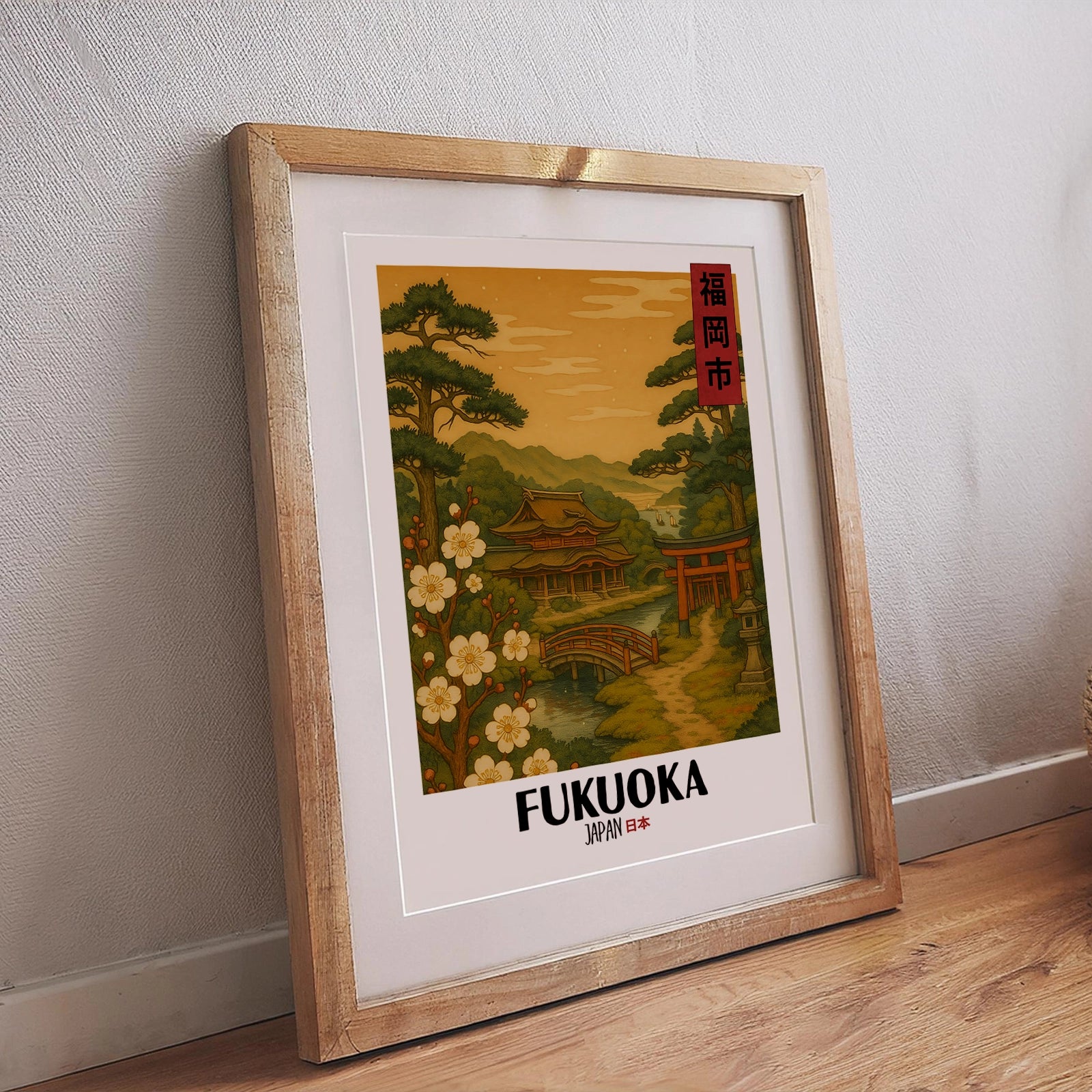 Fukuoka Poster – Traditionelle Stadtansicht im Ukiyo-e Stil mit detailreicher Illustration