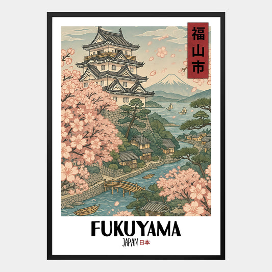 Fukuyama Poster – Japanisches Ukiyo-e Motiv mit traditioneller Stadt- und Landschaftsdarstellung