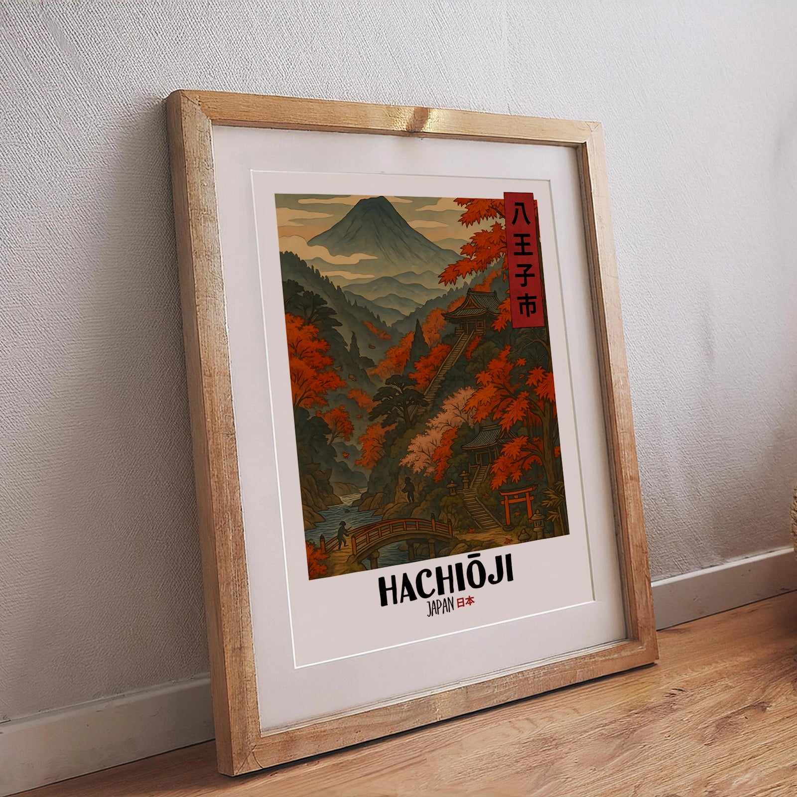 Hachioji Poster – Japanisches Ukiyo-e Design mit Naturmotiv und Bergkulisse