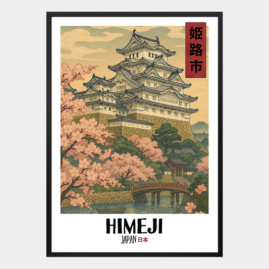 Himeji Poster – Japanische Ukiyo-e Illustration mit Himeji Burg und Landschaft