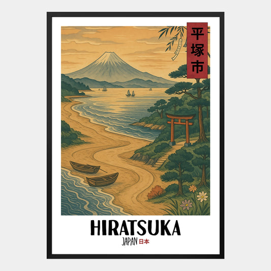Hiratsuka Poster – Ukiyo-e Kunst mit japanischer Küstenlandschaft und traditioneller Atmosphäre