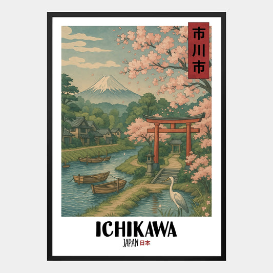 Ichikawa Poster – Ukiyo-e Illustration mit traditioneller Stadtlandschaft und japanischem Flair