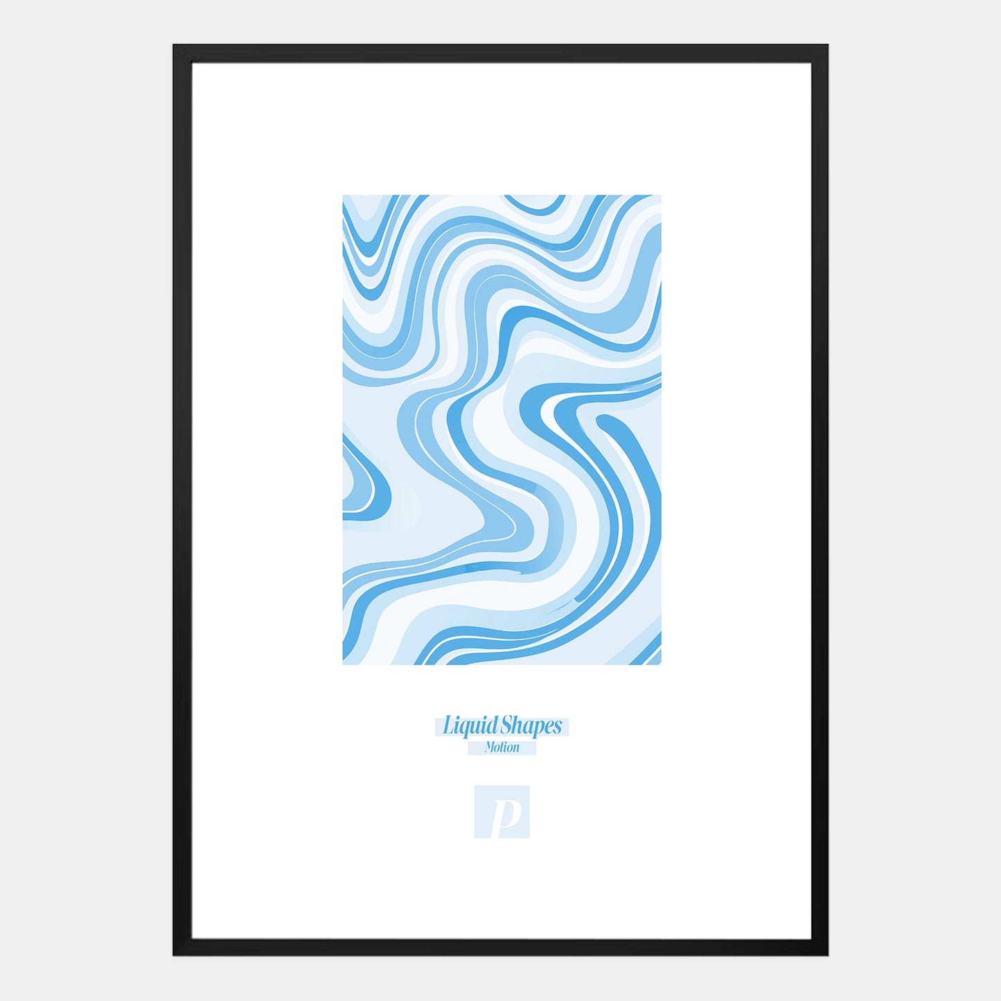 Abstraktes Poster mit blauem Liquid-Shapes-Design, fließenden Wellenlinien und moderner Dynamik