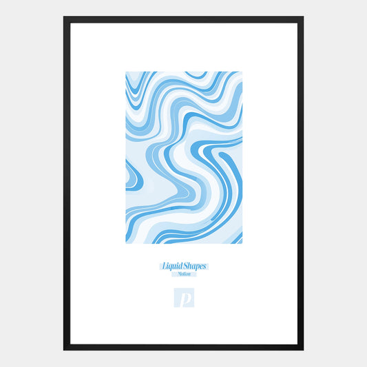Abstraktes Poster mit blauem Liquid-Shapes-Design, fließenden Wellenlinien und moderner Dynamik