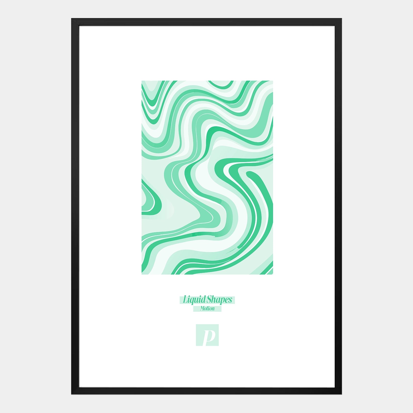 Abstraktes Poster mit grünem Liquid-Shapes-Design, fließenden Wellenlinien und moderner Dynamik
