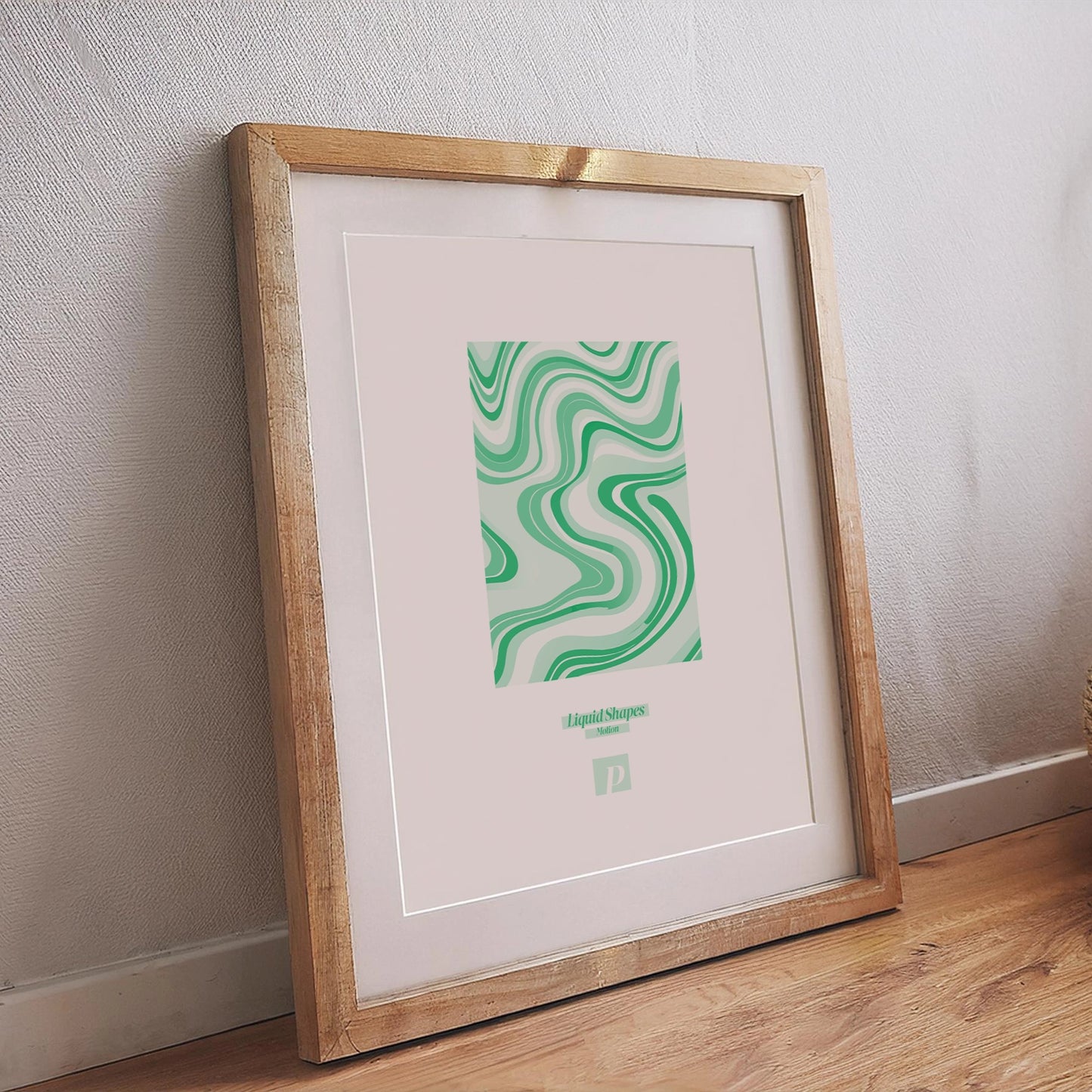 Abstraktes Poster mit grünem Liquid-Shapes-Design, fließenden Wellenlinien und moderner Dynamik