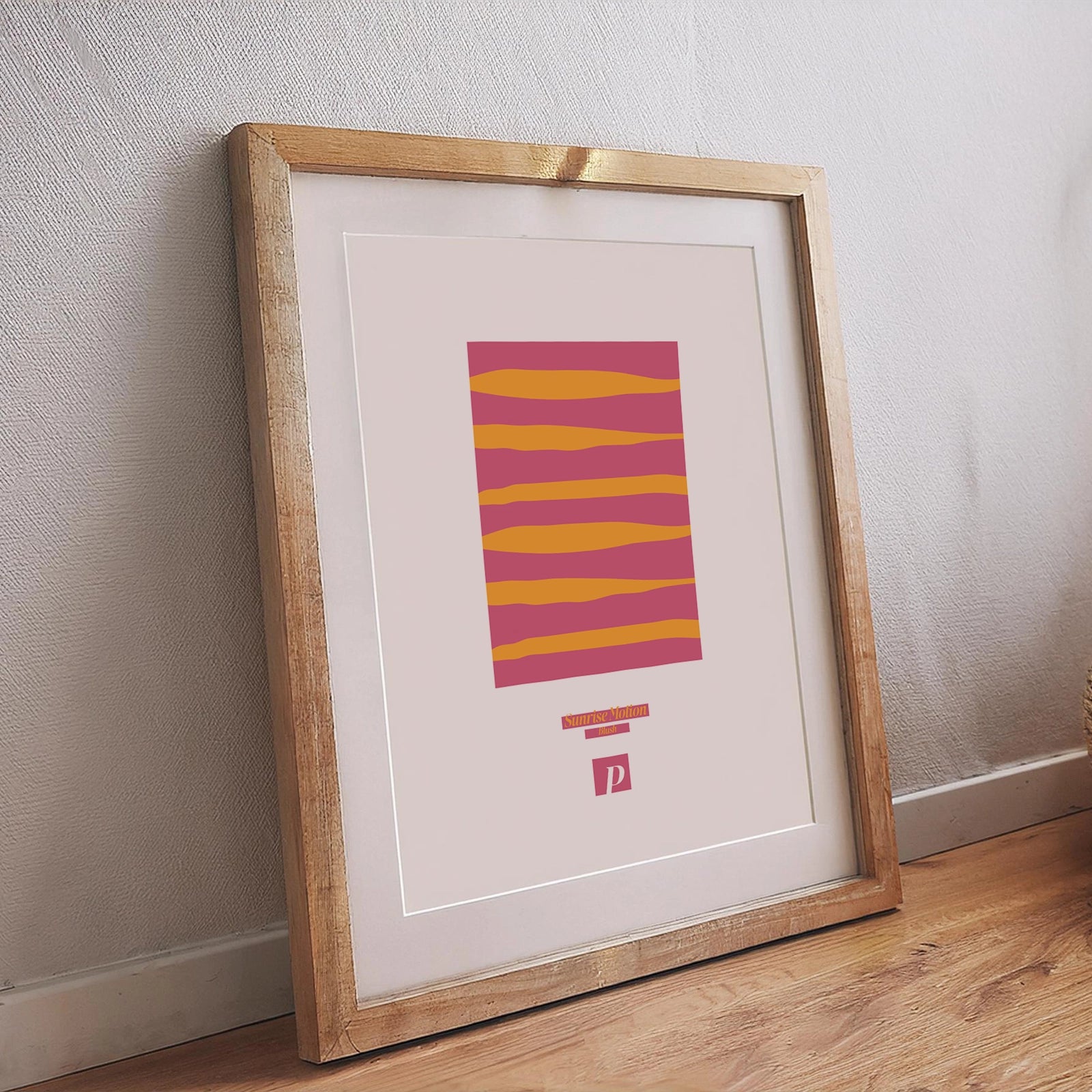 Abstraktes Poster mit pink-gelben Streifen im modernen Kunststil, Sunrise Motion Blush