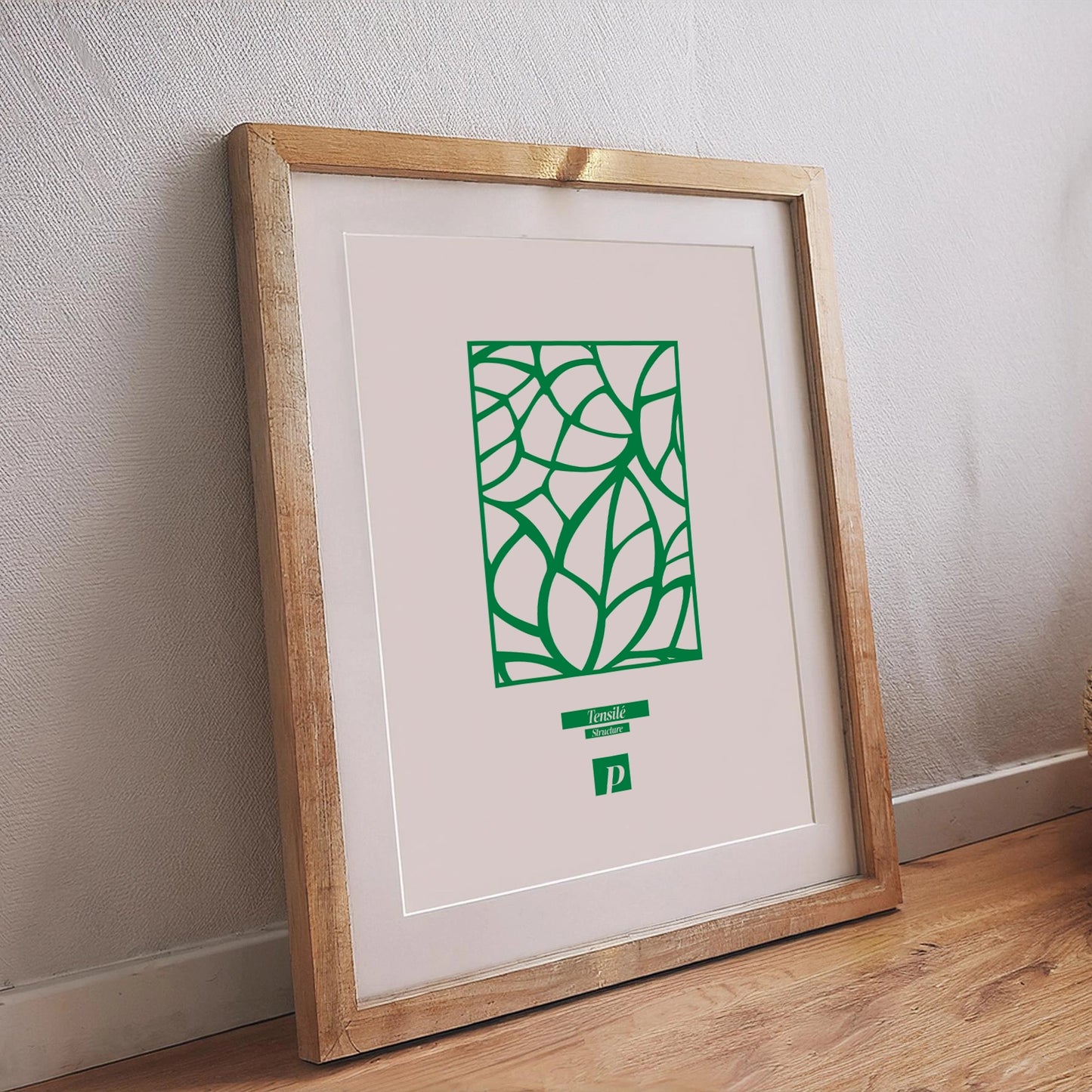 Abstraktes Poster mit grünem Tensile-Linienmuster, geometrischer Tiefe und natürlicher Ausstrahlung