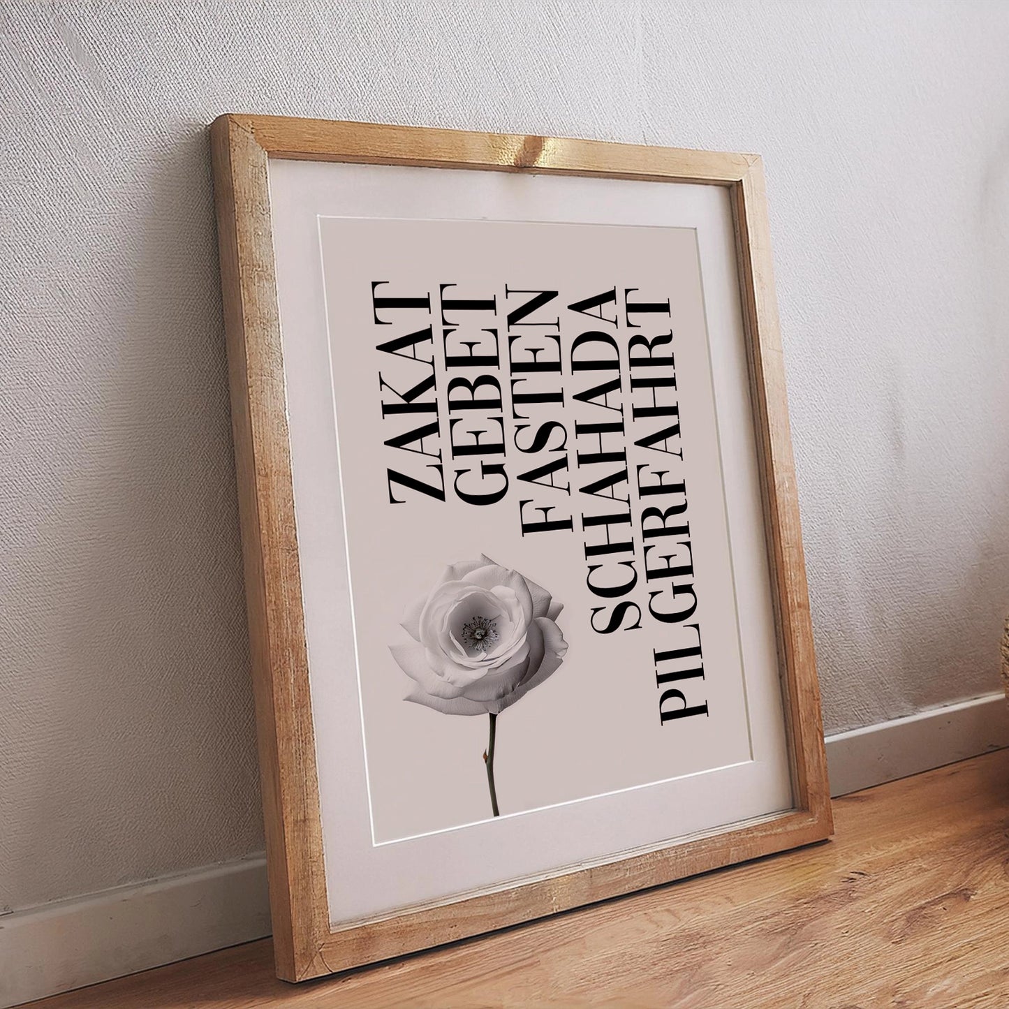 Islamisches Poster mit den fünf Säulen des Islam und weißem Rosenmotiv, stilvoll und spirituell gestaltet
