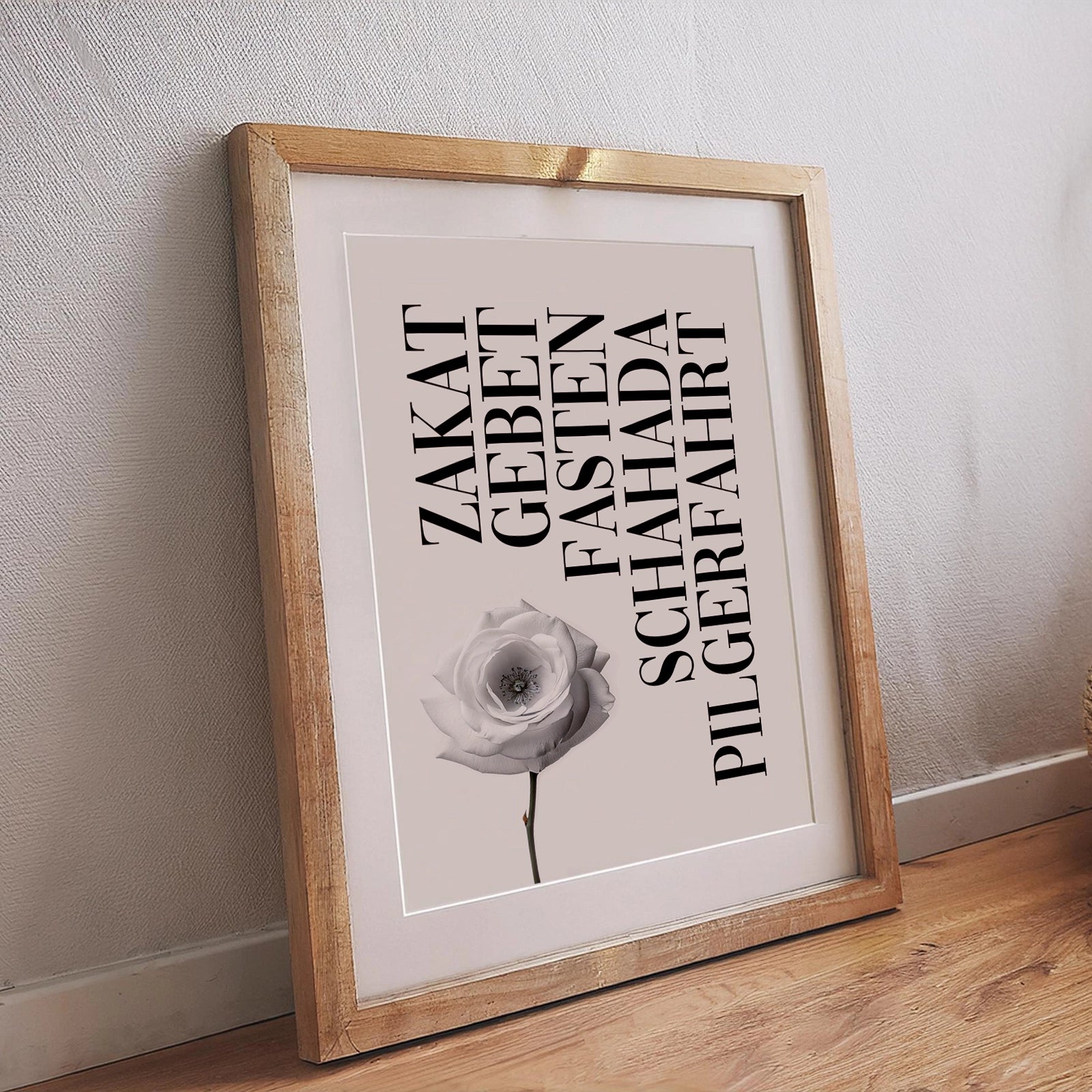 Islamisches Poster mit den fünf Säulen des Islam und weißem Rosenmotiv, stilvoll und spirituell gestaltet