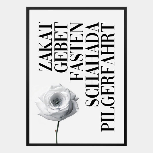 Islamisches Poster mit den fünf Säulen des Islam und weißem Rosenmotiv, stilvoll und spirituell gestaltet
