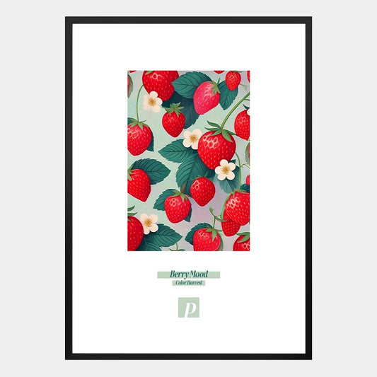 Poster mit Erdbeeren und dem Schriftzug „Berry Mood“ in modernem und frischem Stil