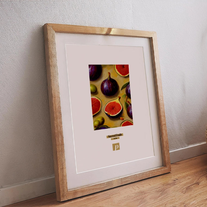 Poster mit Feigen und Oliven sowie dem Schriftzug „Sacred Fruits“ im beige-braunen Naturstil