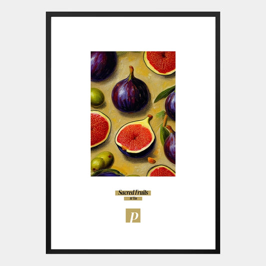 Poster mit Feigen und Oliven und dem Schriftzug „Sacred Fruits“ in natürlichem Beige-Braun-Stil
