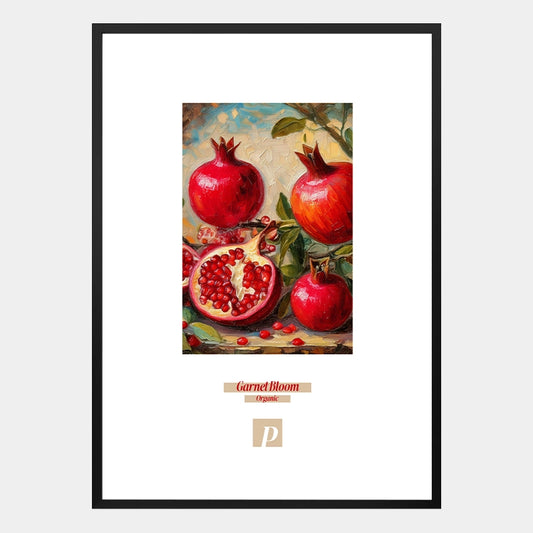 Poster mit Granatapfel und dem Schriftzug „Garnet Bloom“ in modernem, natürlichem Stil