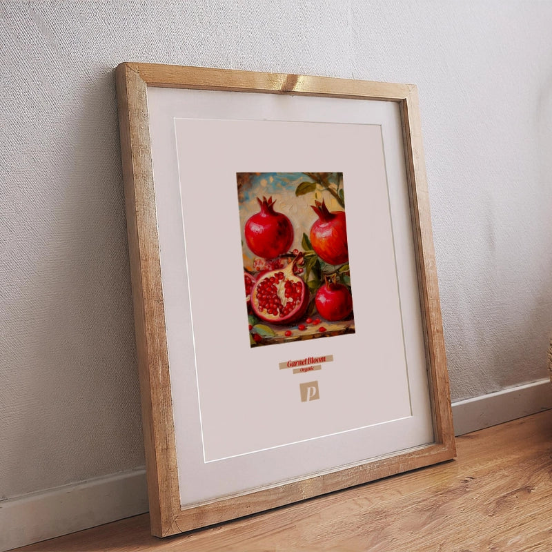 Poster mit Granatapfel und dem Schriftzug „Garnet Bloom“ im modernen, natürlichen Stil