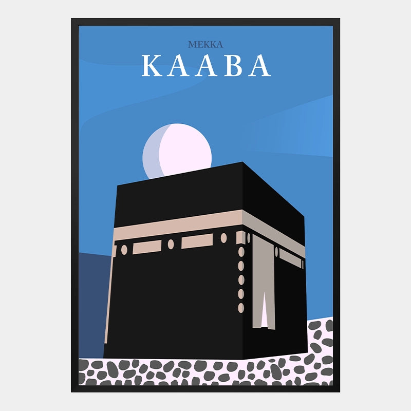 Islamisches Poster mit stilisierter Kaaba-Illustration im Santorini-Stil, ruhigen Farben und spirituellem Design