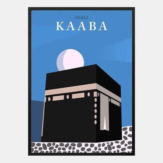 Islamisches Poster mit stilisierter Kaaba-Illustration im Santorini-Stil, ruhigen Farben und spirituellem Design