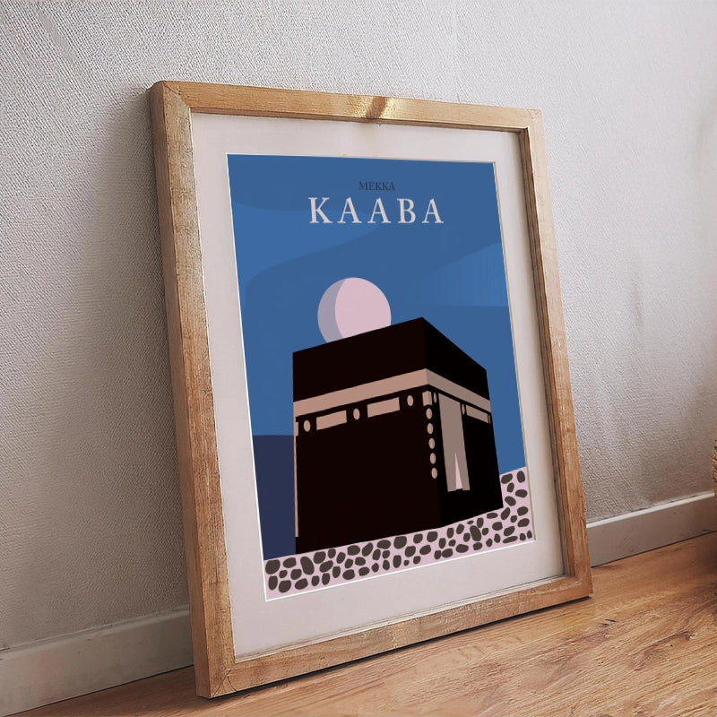 Islamisches Poster mit Kaaba-Illustration im Santorini-Stil, ruhigen Farben und spirituellem Design