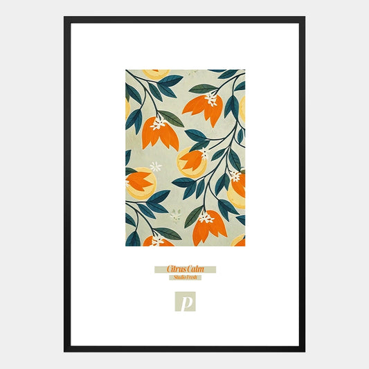 Poster mit Orangen und dem Schriftzug „Citrus Calm“ in warmem, mediterranem Stil
