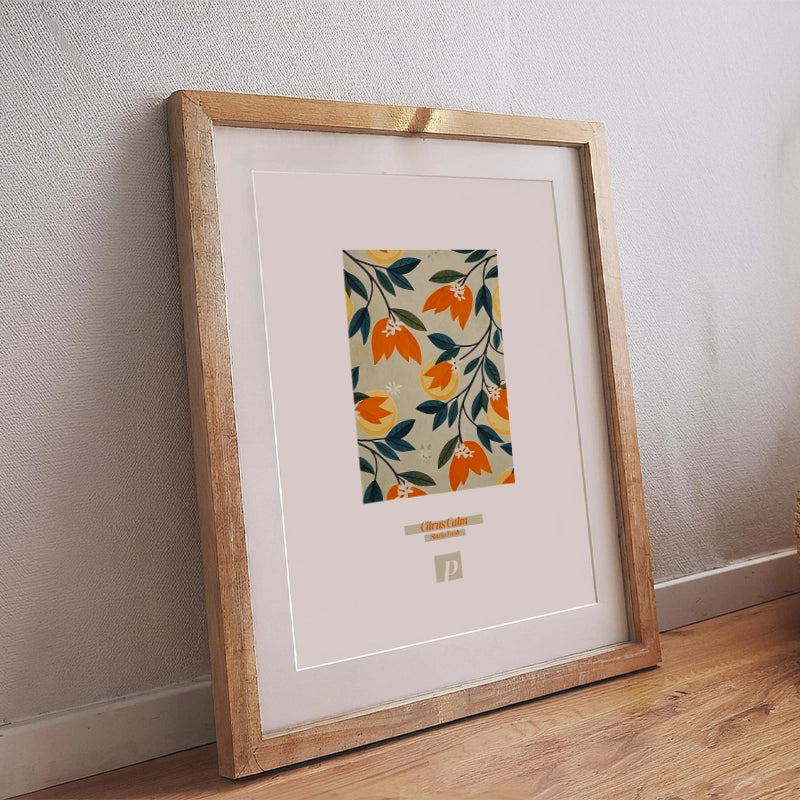 Poster mit Orangen und dem Schriftzug „Citrus Calm“ im warmen, mediterranen Stil