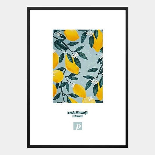 Poster mit Zitronen und dem Schriftzug „Costa D’Amalfi“ im mediterranen Stil, passend für Küche und Esszimmer