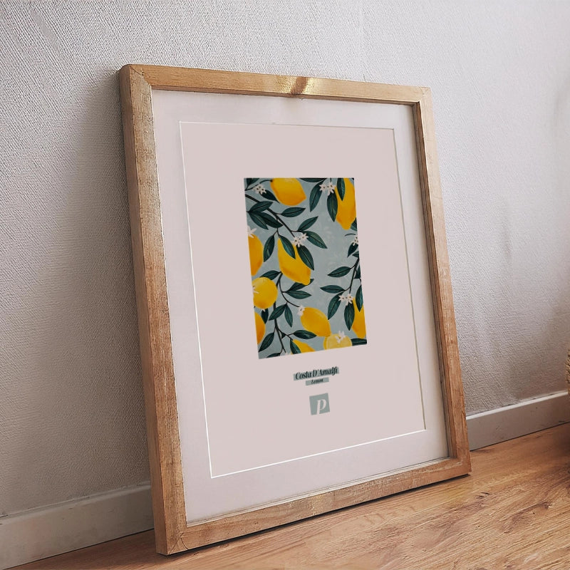 Poster mit Zitronen und dem Schriftzug „Costa D’Amalfi“ im mediterranen Stil, ideal für Küche und Esszimmer