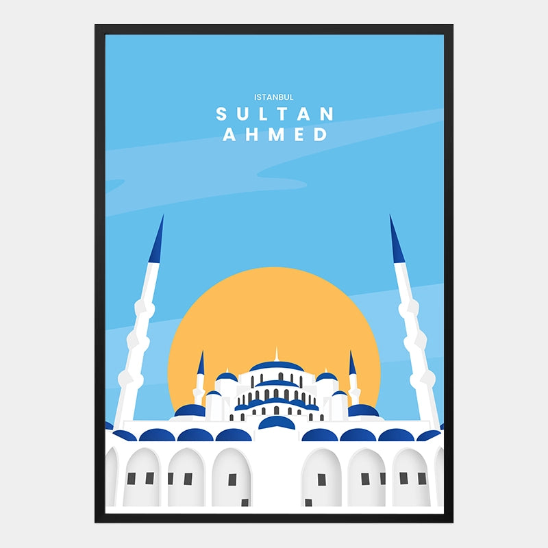 Islamisches Poster mit stilisierter Darstellung der Sultan-Ahmed-Moschee im mediterranen Santorini-Stil